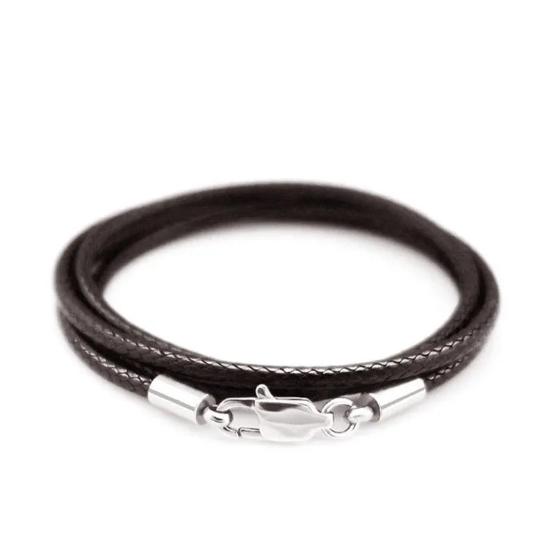 Adjustable wax rope necklace with stainless steel buckle shown in black, red, and brown colour options