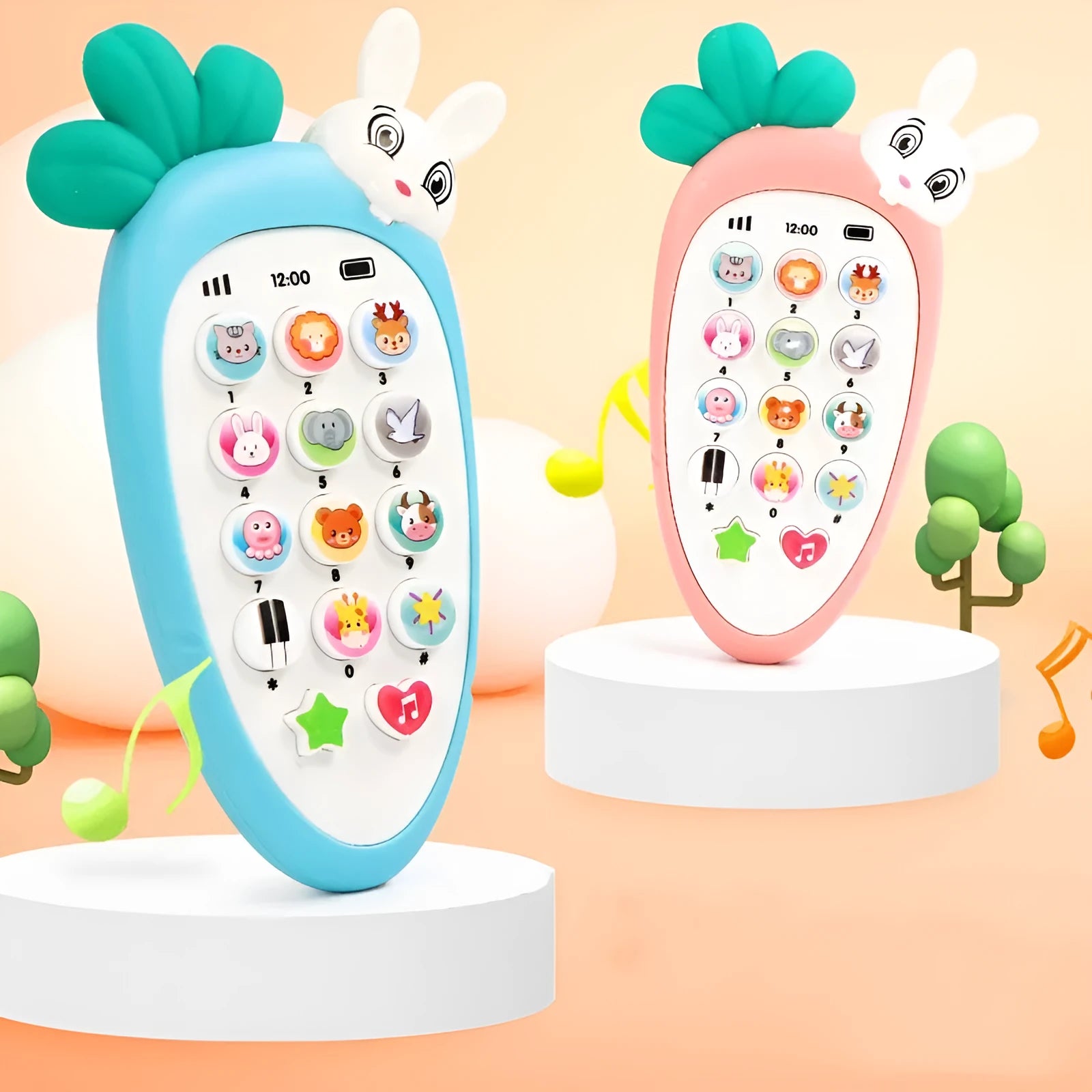 Pink baby electronic phone toy with colourful buttons on a white background