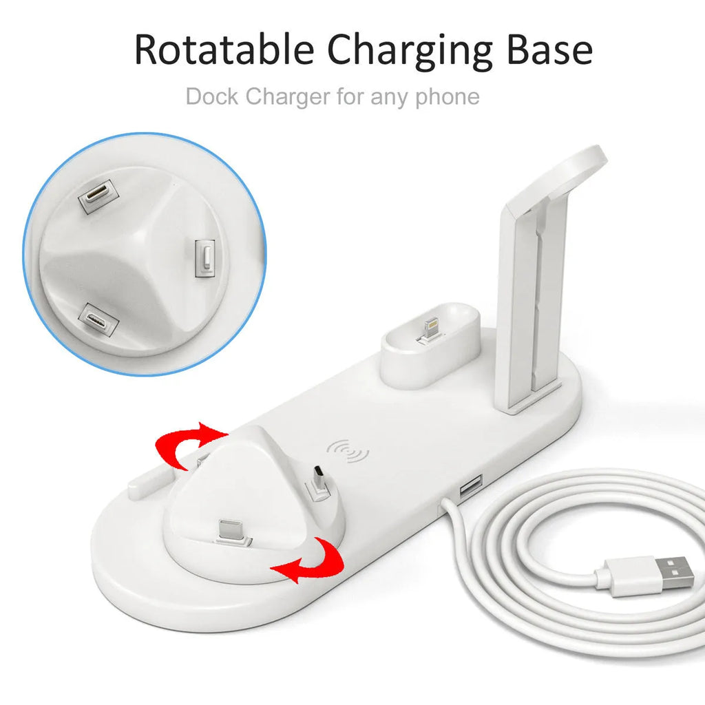 Black three-in-one wireless charging stand holding an Apple Watch, AirPods case, and iPhone