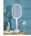 A handheld USB-rechargeable electric mosquito swatter with a black mesh paddle and a grip handle.