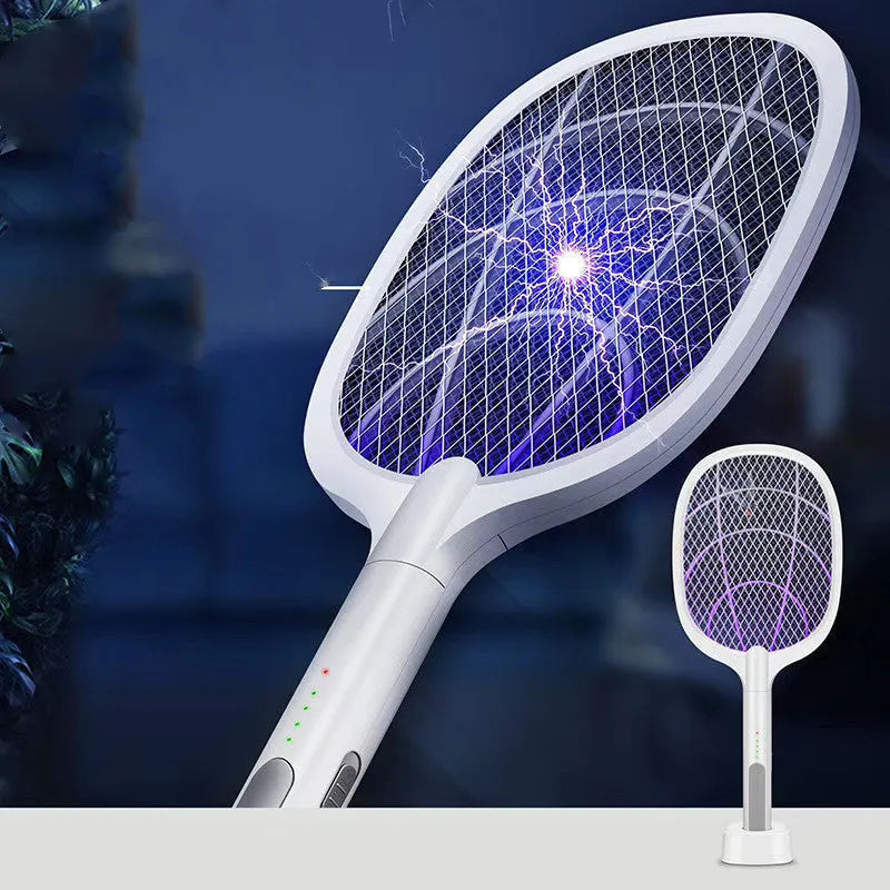 A handheld USB-rechargeable electric mosquito swatter with a black mesh paddle and a grip handle.