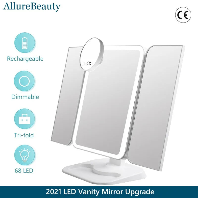 Trifold LED makeup mirror with 68 lights, 10X detachable magnifier, silver surface, rotating 180 degrees on a tabletop