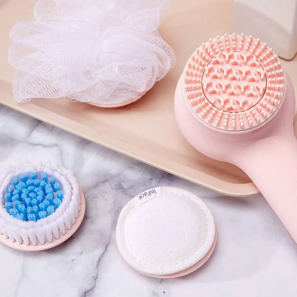Grey Inface automatic electric shower brush with multiple rotating heads for back massage and cleansing.