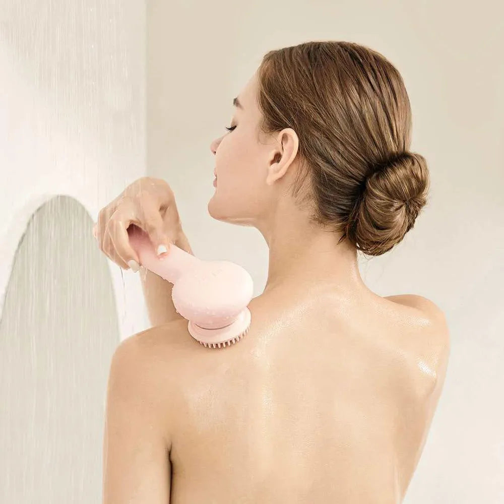 Grey Inface automatic electric shower brush with multiple rotating heads for back massage and cleansing.