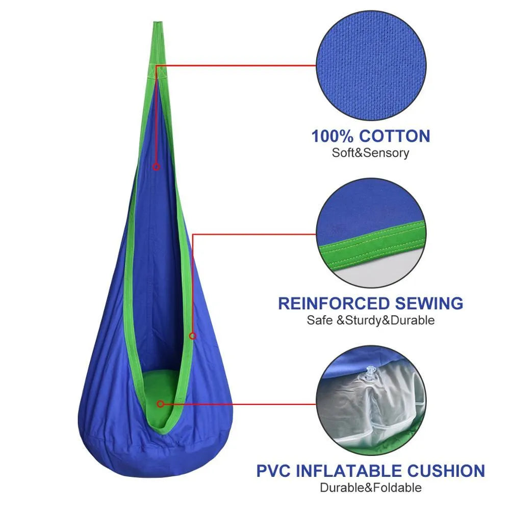 Green cotton pod swing chair hanging outdoors with inflatable cushion