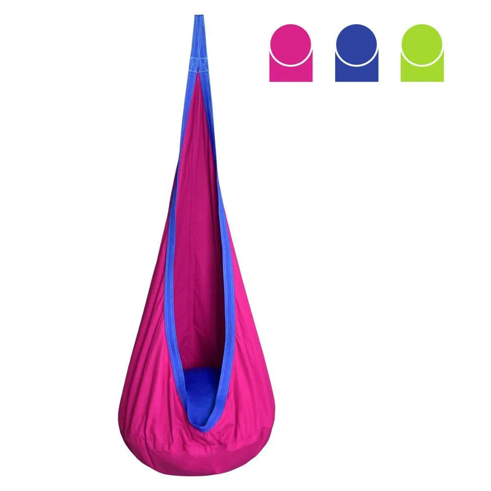Green cotton pod swing chair hanging outdoors with inflatable cushion