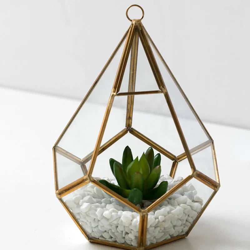 Golden love design metal and glass succulent planter for home decoration.