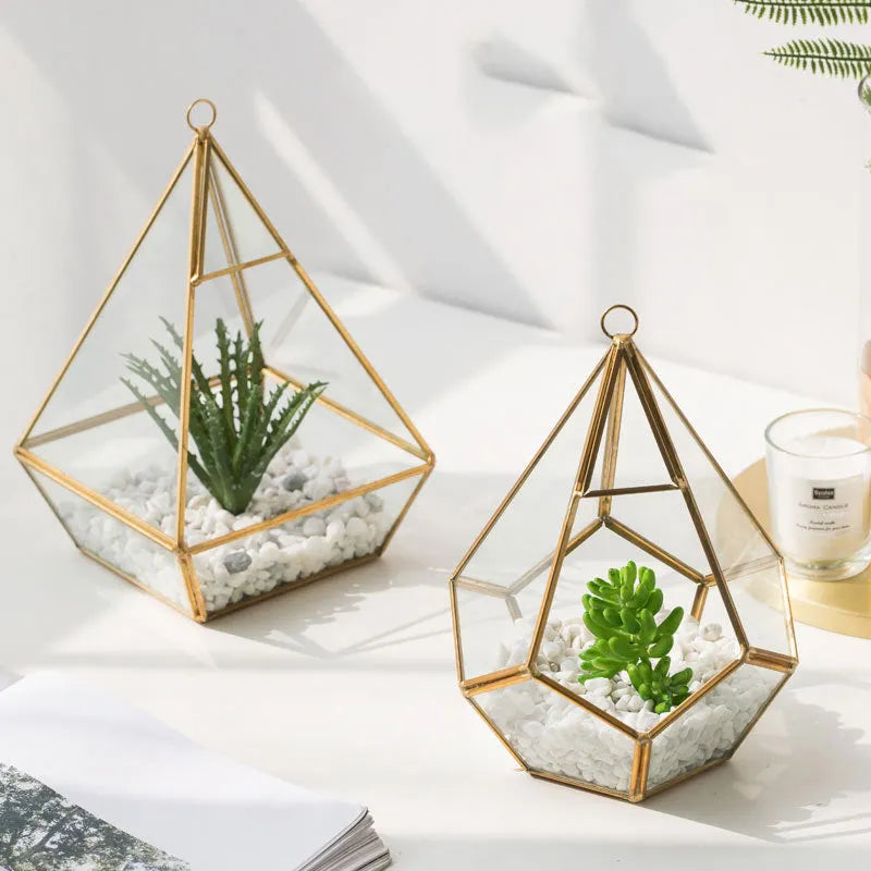 Golden love design metal and glass succulent planter for home decoration.