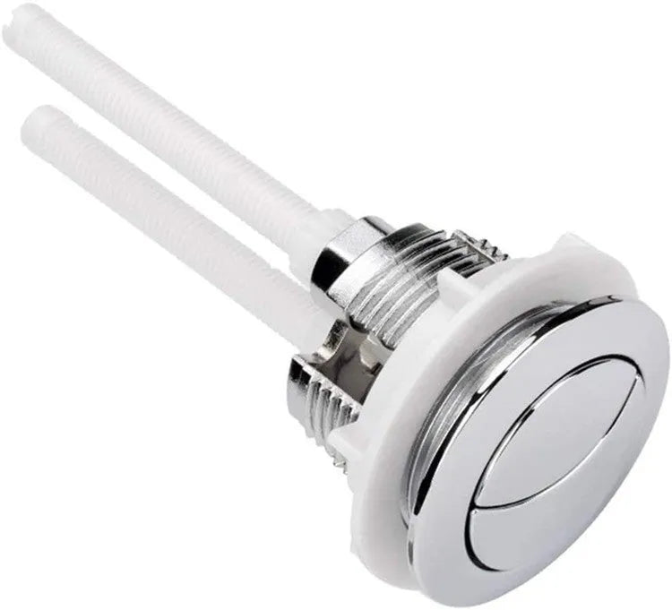 Black ABS plastic double flush button for a toilet cistern, shown from above.