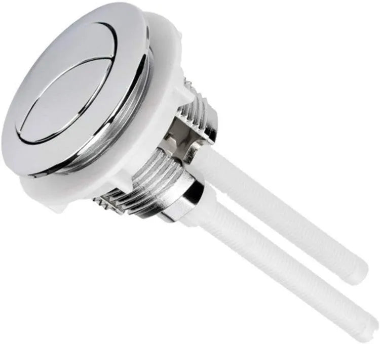 Black ABS plastic double flush button for a toilet cistern, shown from above.