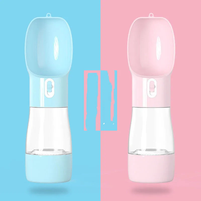 Portable dog water bottle with kettle attachment for walking hydration in blue, grey, green, and pink colours