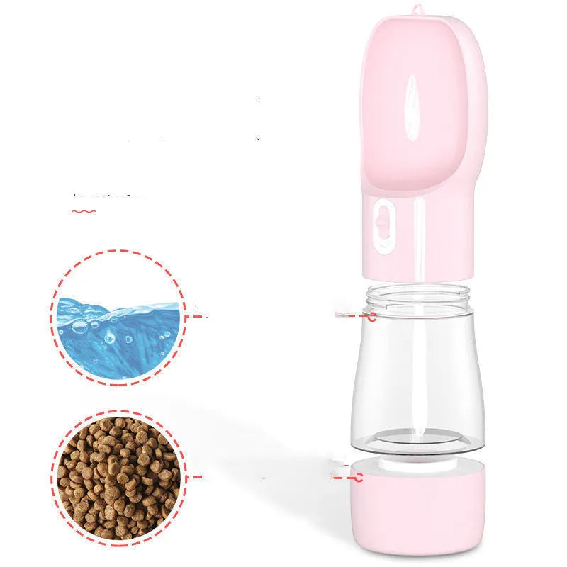 Portable dog water bottle with kettle attachment for walking hydration in blue, grey, green, and pink colours