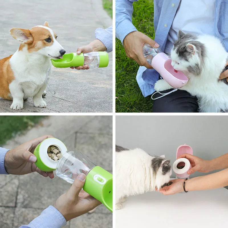 Portable dog water bottle with kettle attachment for walking hydration in blue, grey, green, and pink colours