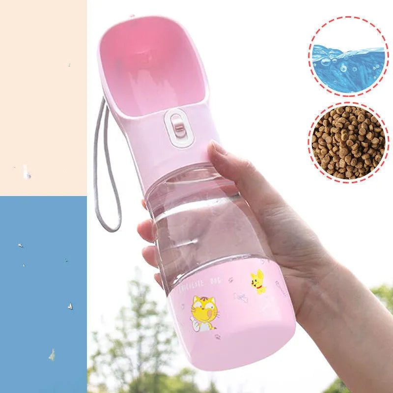 Portable dog water bottle with kettle attachment for walking hydration in blue, grey, green, and pink colours