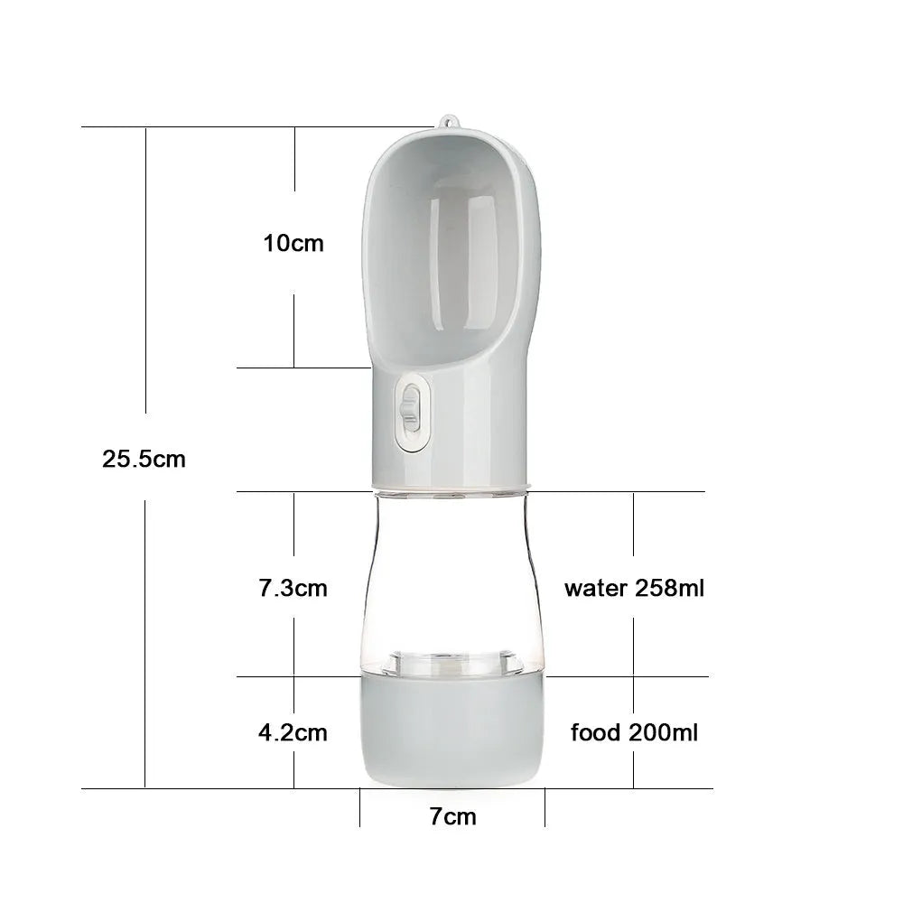 Portable dog water bottle with kettle attachment for walking hydration in blue, grey, green, and pink colours