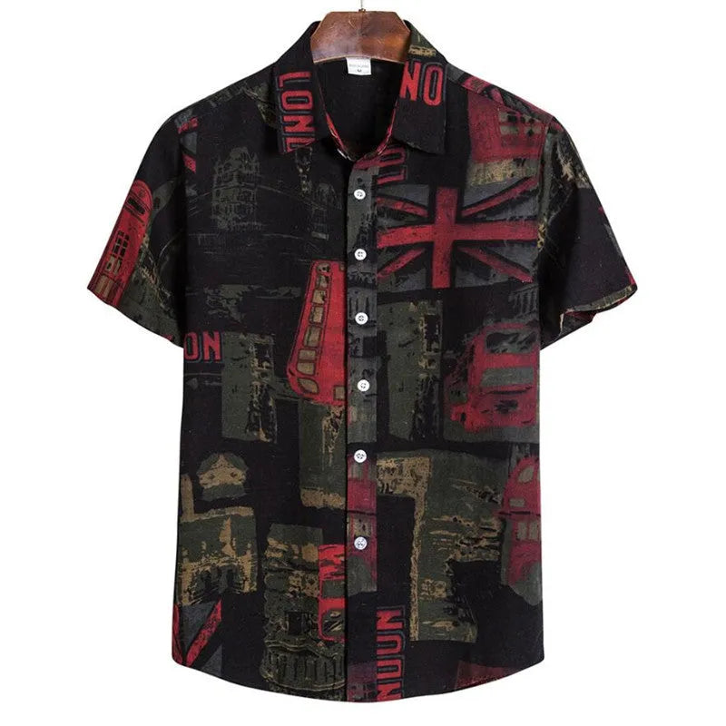Men's baggy Hawaiian print short sleeve button shirt in cotton blended fabric, loose fit, floral pattern