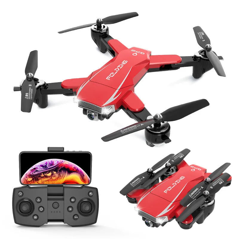 Black or red folding quadrocopter drone with 4K camera and remote control for children