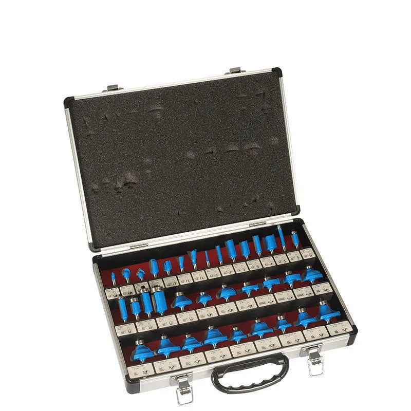 35-piece woodworking milling cutter set showing multiple handle configurations and colour-coded options