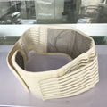 Black self-heating magnetic waist support belt laid flat, showing elastic cloth material and adjustable design.