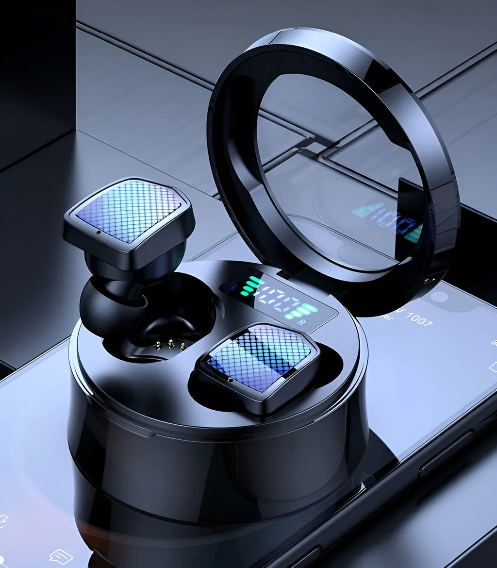 Black Bluetooth 5.0 TWS earbuds with charging case, showing silicone ear tips and compact design