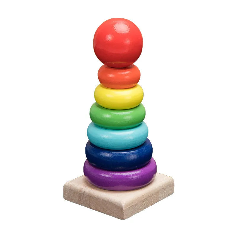 Wooden educational toy set with rainbow tower, geometry puzzles, musical rattles, and storage box