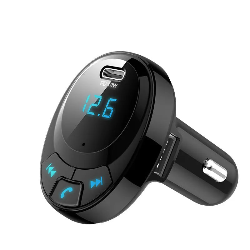 Car MP3 transmitter with Bluetooth, digital display, and dual USB charging ports