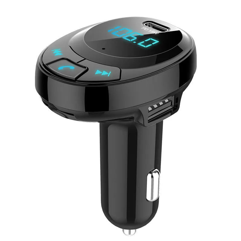 Car MP3 transmitter with Bluetooth, digital display, and dual USB charging ports