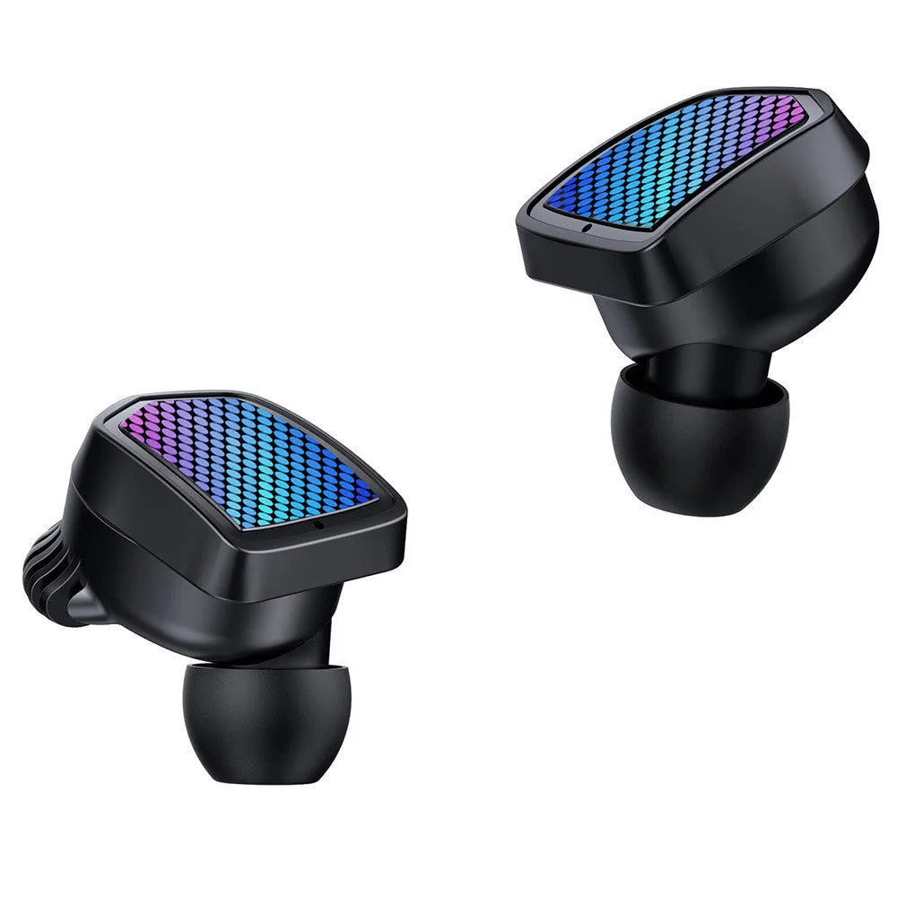 Black Bluetooth 5.0 TWS earbuds with charging case, showing silicone ear tips and compact design