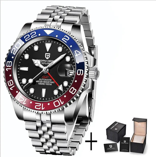 Men's calendar luminous GMT watch with stainless steel bracelet and black dial