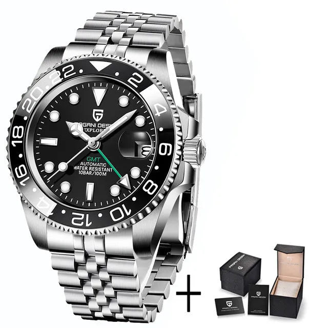 Men's calendar luminous GMT watch with stainless steel bracelet and black dial