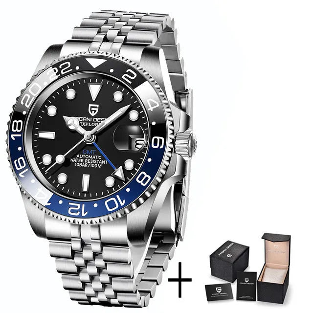 Men's calendar luminous GMT watch with stainless steel bracelet and black dial