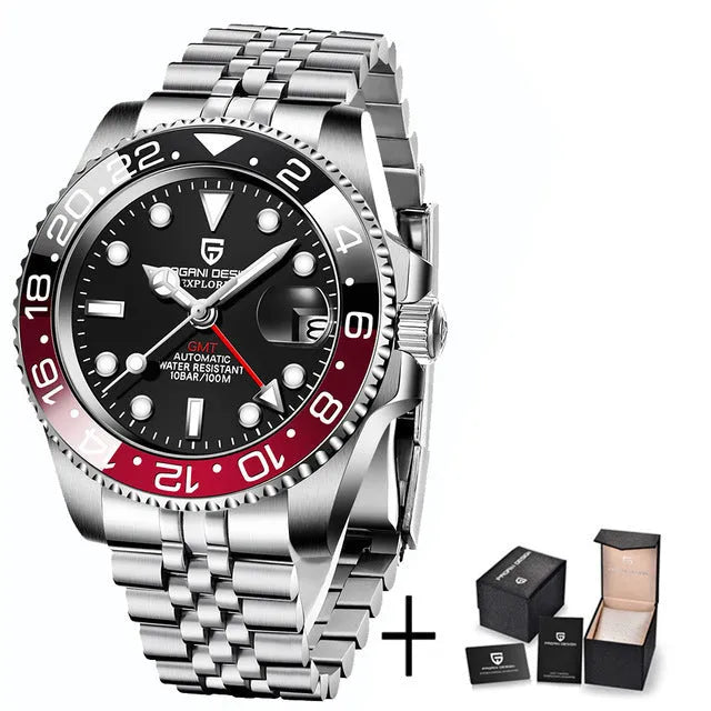 Men's calendar luminous GMT watch with stainless steel bracelet and black dial