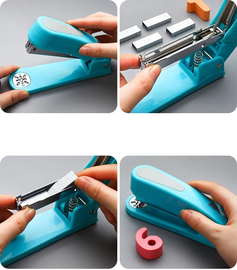 Black rotatable student stapler showing 360-degree head rotation and centre seam binding guide.