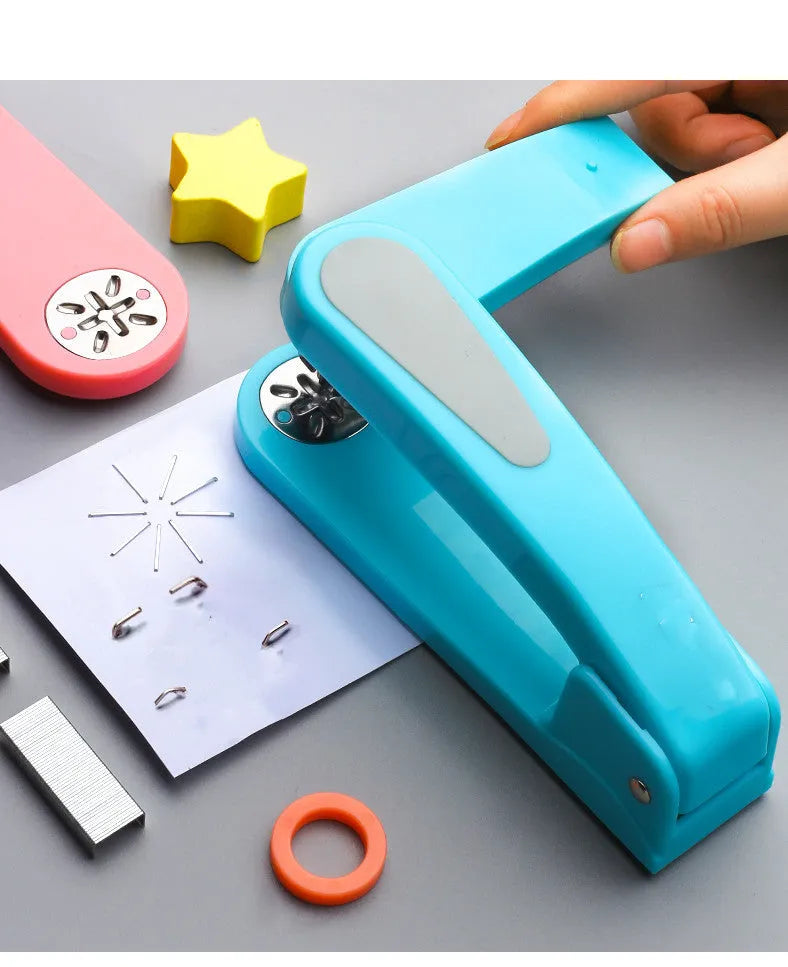 Black rotatable student stapler showing 360-degree head rotation and centre seam binding guide.