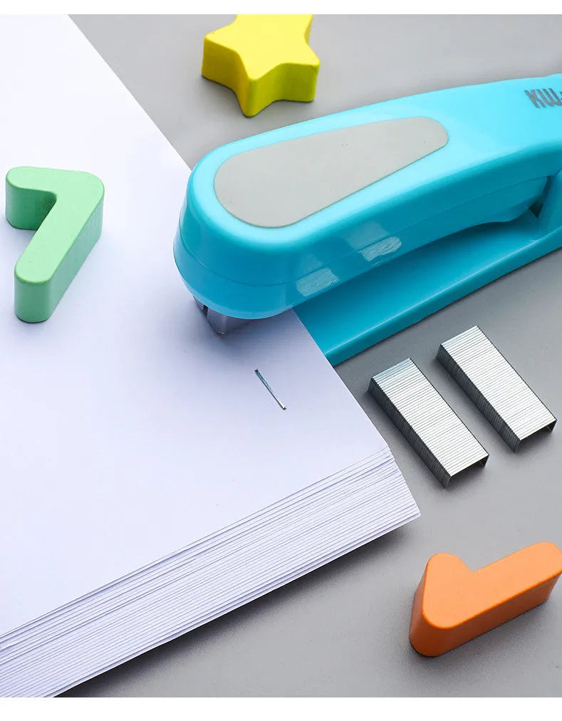 Black rotatable student stapler showing 360-degree head rotation and centre seam binding guide.