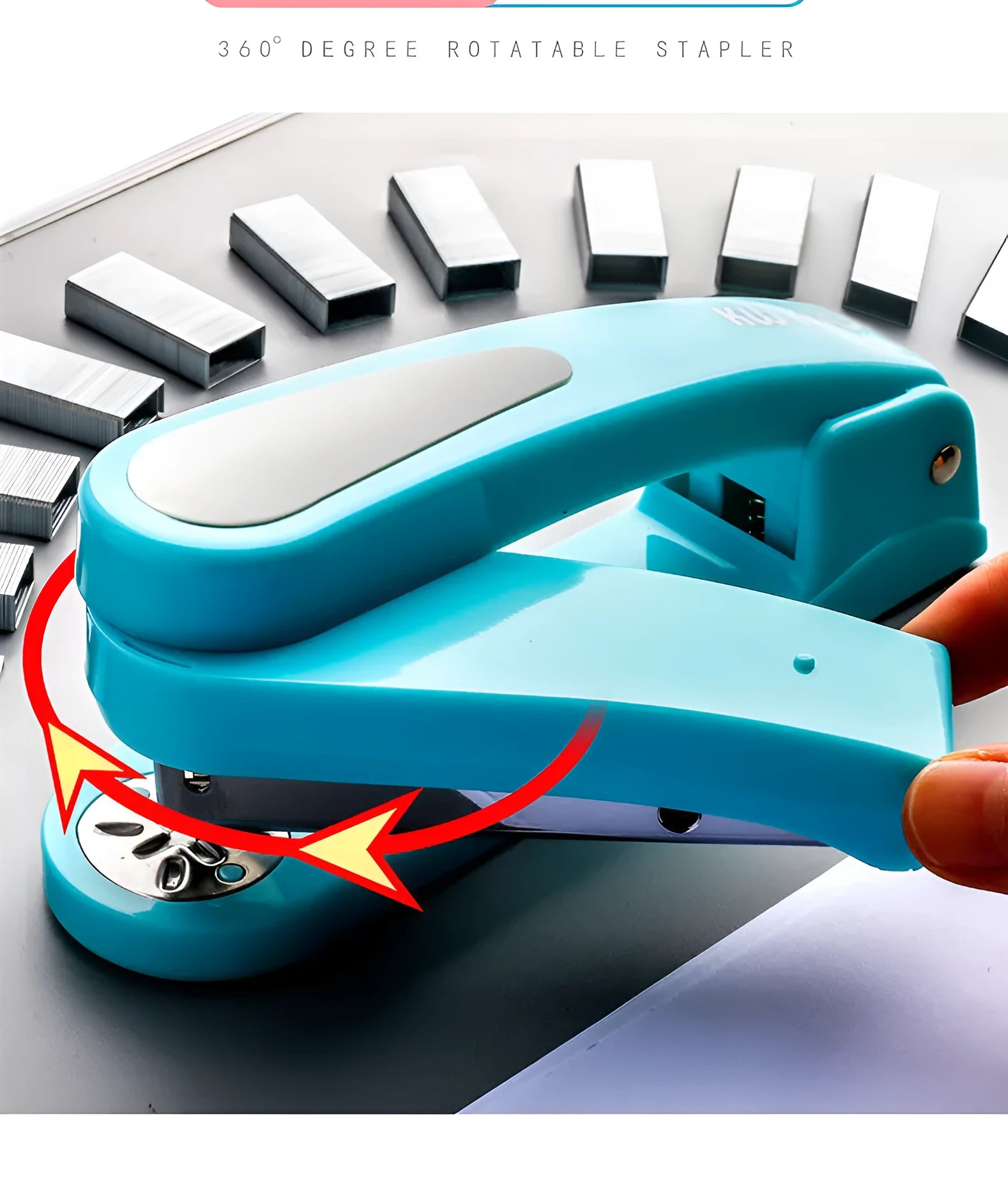 Black rotatable student stapler showing 360-degree head rotation and centre seam binding guide.