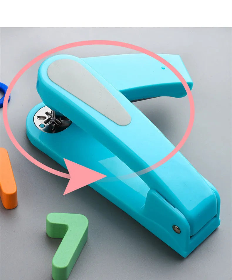 Black rotatable student stapler showing 360-degree head rotation and centre seam binding guide.