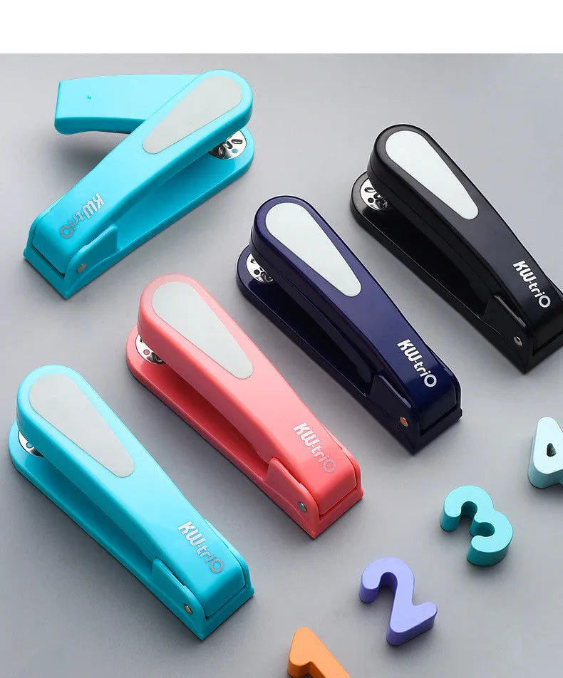 Black rotatable student stapler showing 360-degree head rotation and centre seam binding guide.