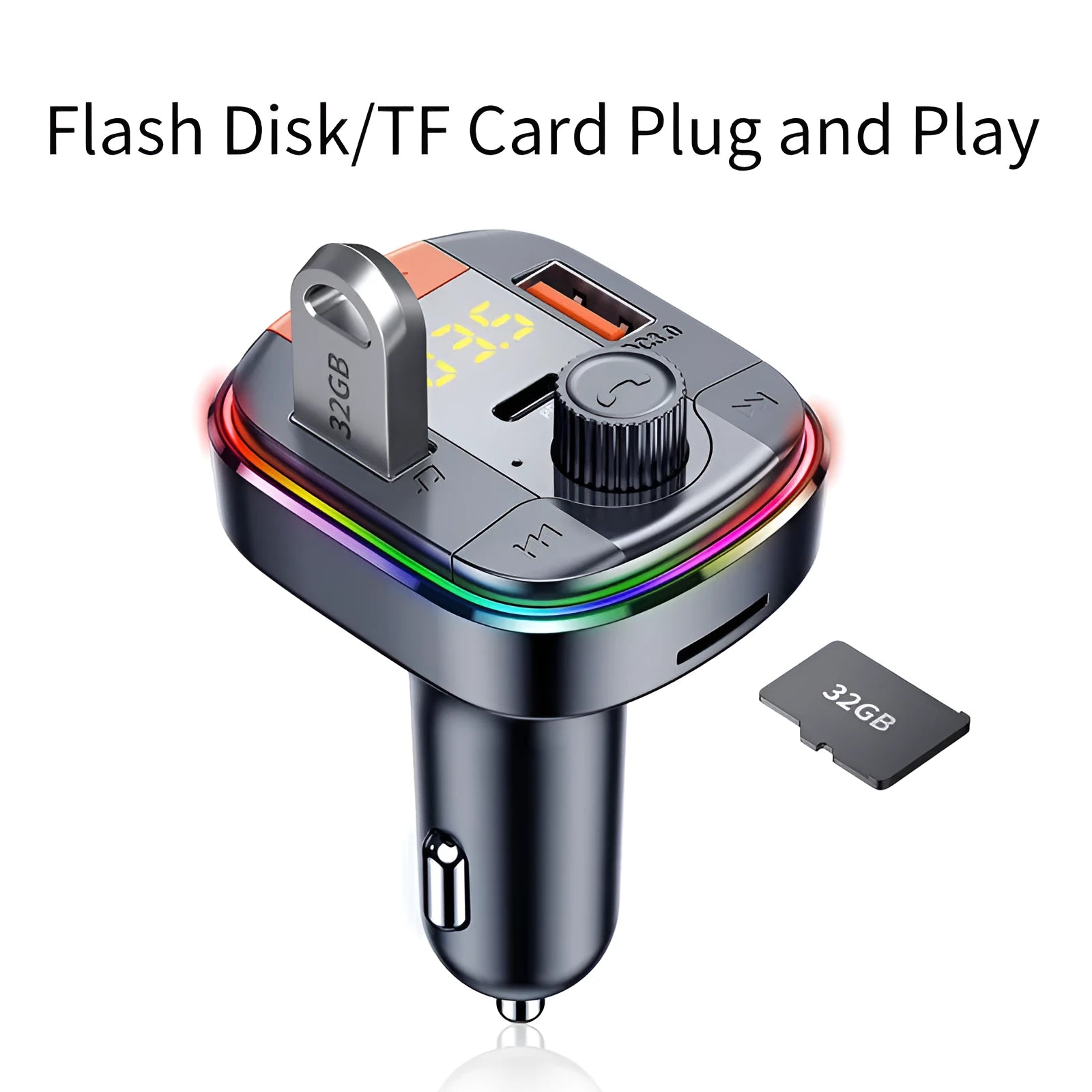 Black car Bluetooth MP3 player with LED lighting for cigarette lighter socket with dual USB charging ports