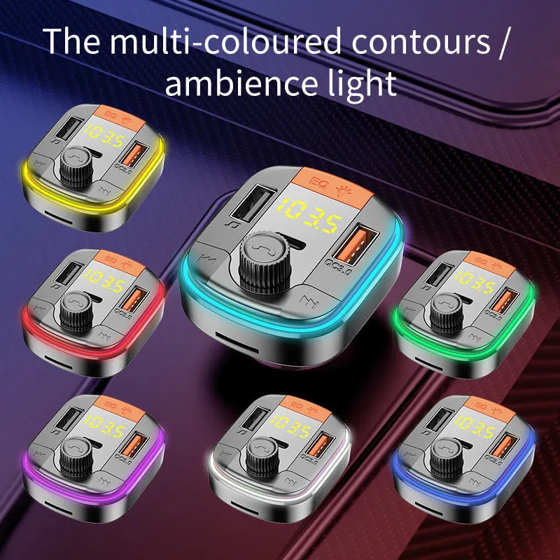 Black car Bluetooth MP3 player with LED lighting for cigarette lighter socket with dual USB charging ports
