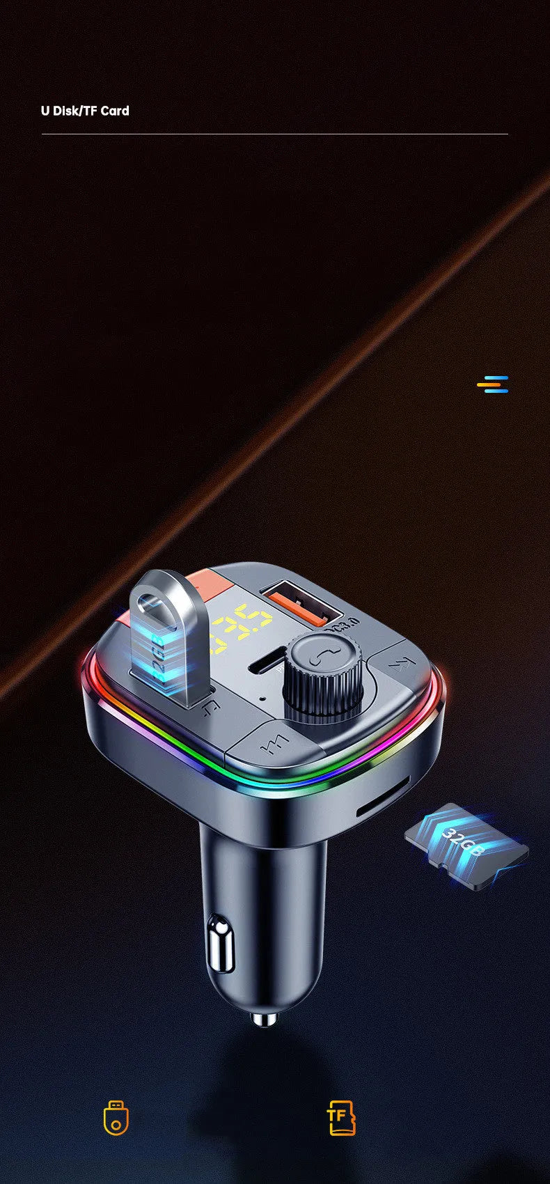 Black car Bluetooth MP3 player with LED lighting for cigarette lighter socket with dual USB charging ports