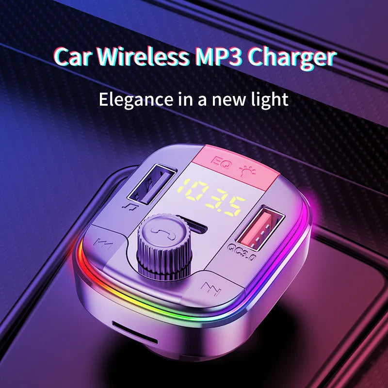 Black car Bluetooth MP3 player with LED lighting for cigarette lighter socket with dual USB charging ports