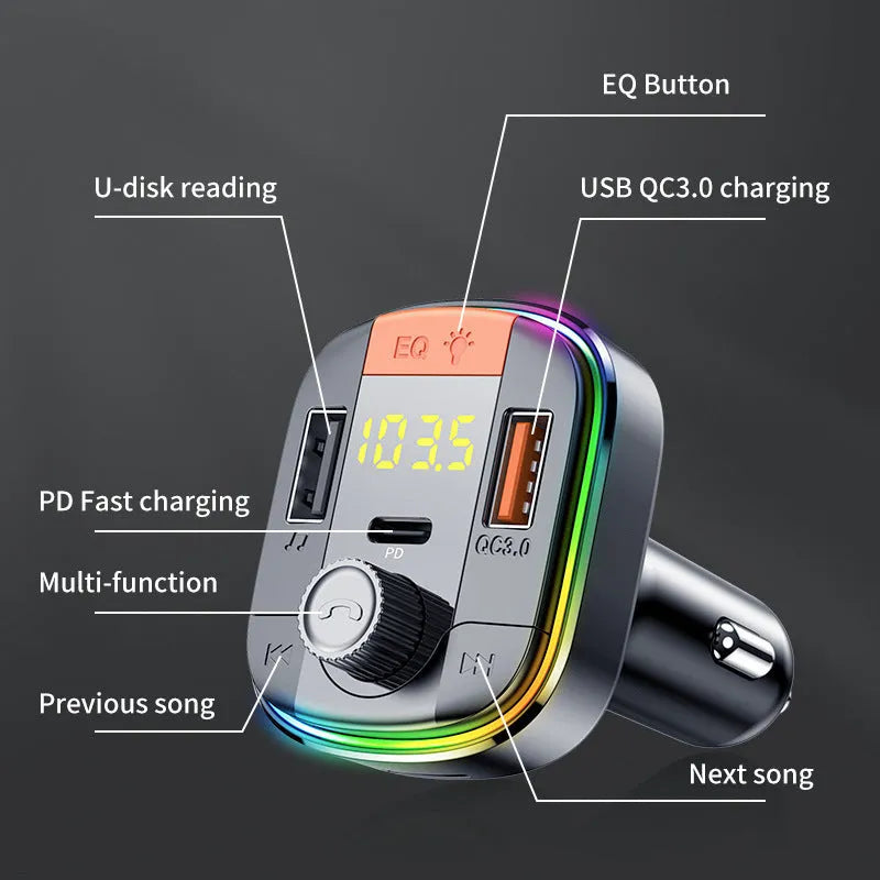 Black car Bluetooth MP3 player with LED lighting for cigarette lighter socket with dual USB charging ports