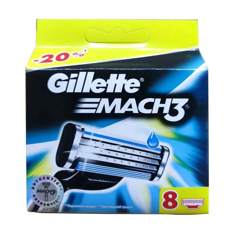 Blue Gillette manual razor and eight replacement blade cartridges on white background.