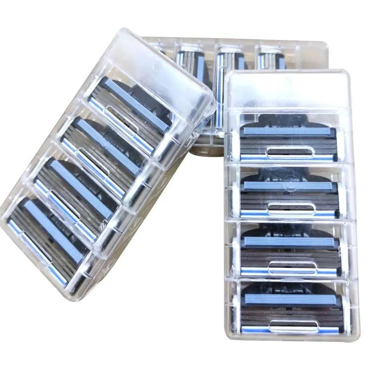 Blue Gillette manual razor and eight replacement blade cartridges on white background.