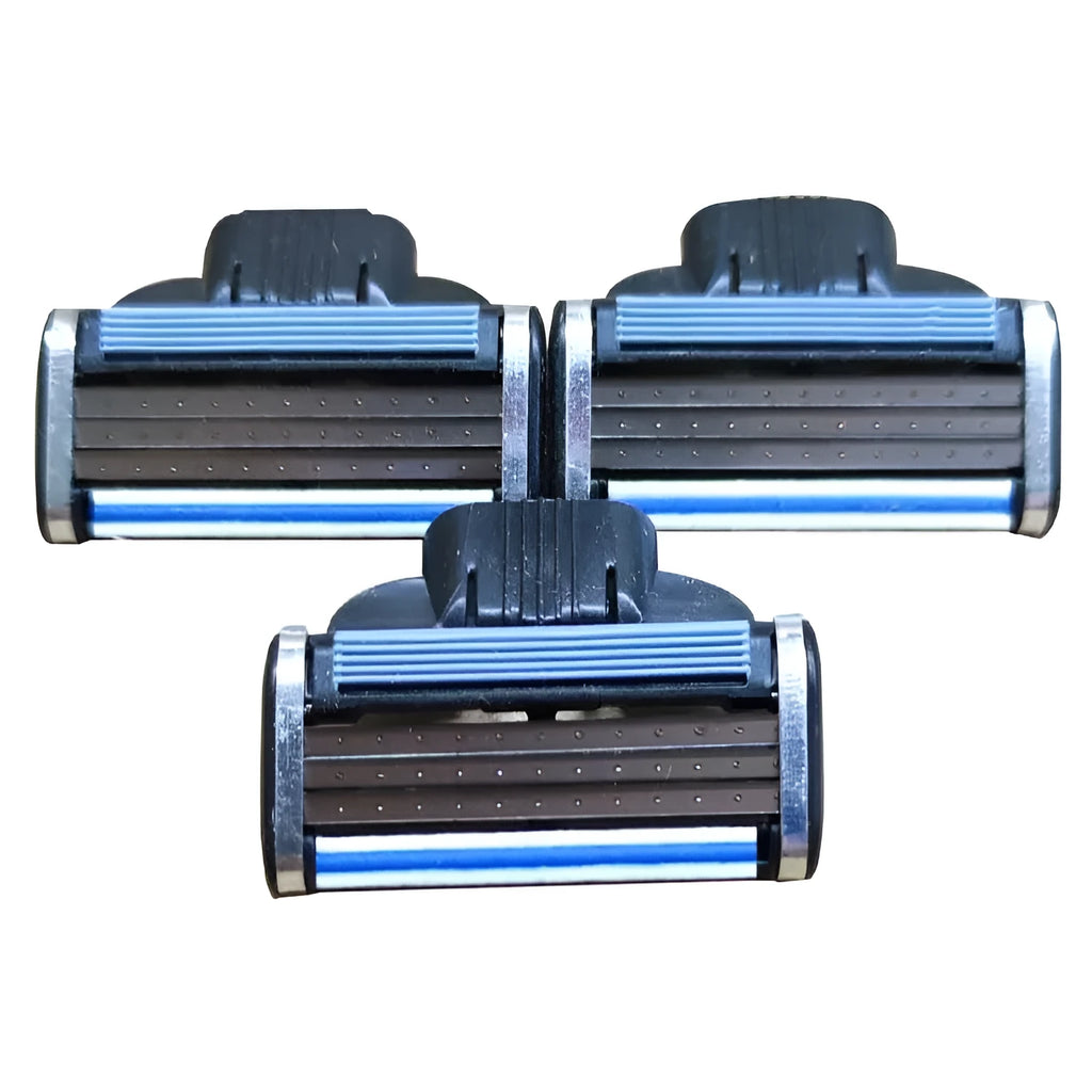 Blue Gillette manual razor and eight replacement blade cartridges on white background.