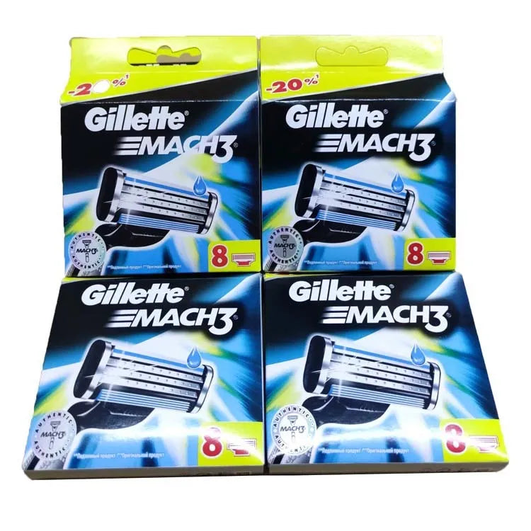 Blue Gillette manual razor and eight replacement blade cartridges on white background.