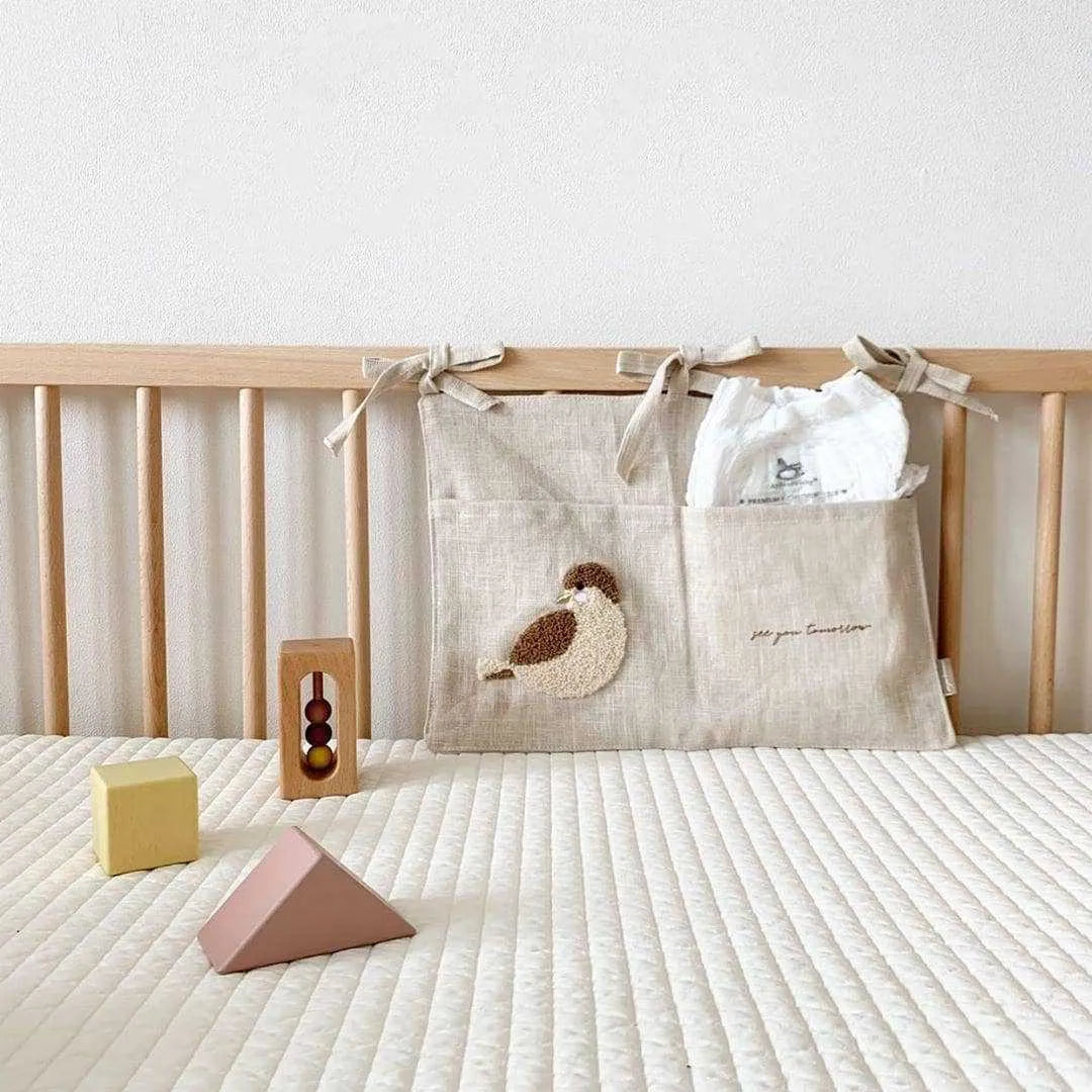 Khaki cotton linen bedside hanging storage bag with a single A pocket compartment.