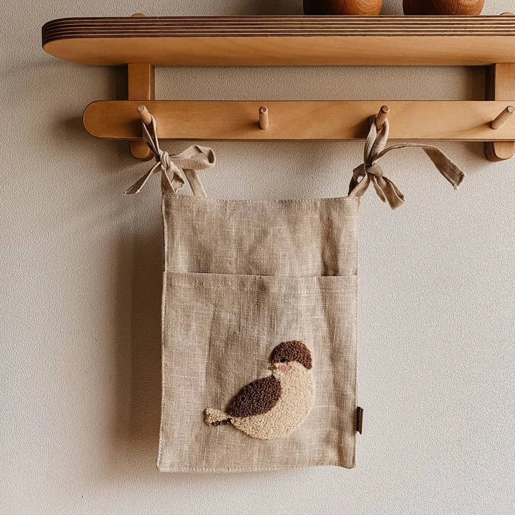 Khaki cotton linen bedside hanging storage bag with a single A pocket compartment.
