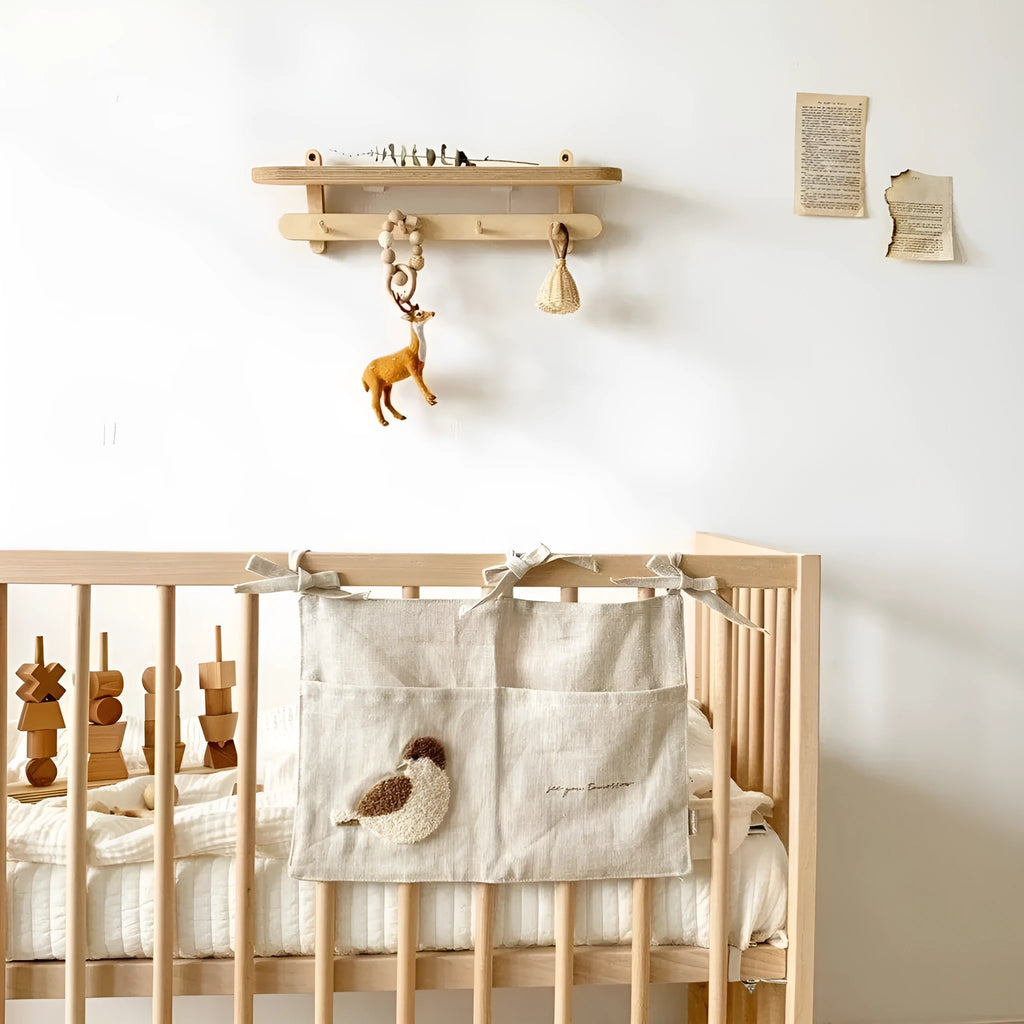 Khaki cotton linen bedside hanging storage bag with a single A pocket compartment.